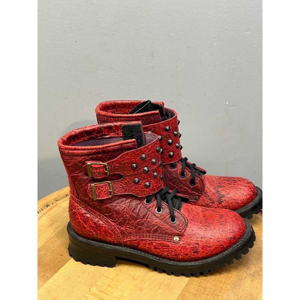 Corral Red Textured Leather Studded Combat Boots Women 8 Red Punk Grunge Buckle